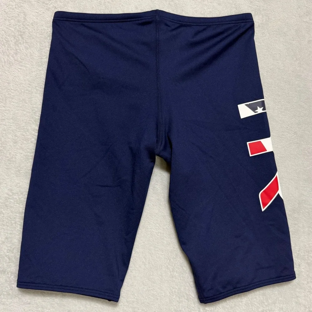 TYR Large Logo Jammer USA Men 34 Navy Blue Swim Trunks Durafast Elite Training